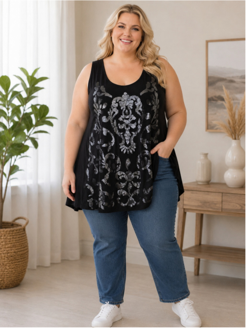 Women's u-knit Black Silver Sequin Tank Top L